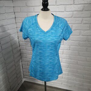 Hyba Ladies Size Large V-neck Teal Blue Mesh Upper Back Athletic T-shirt